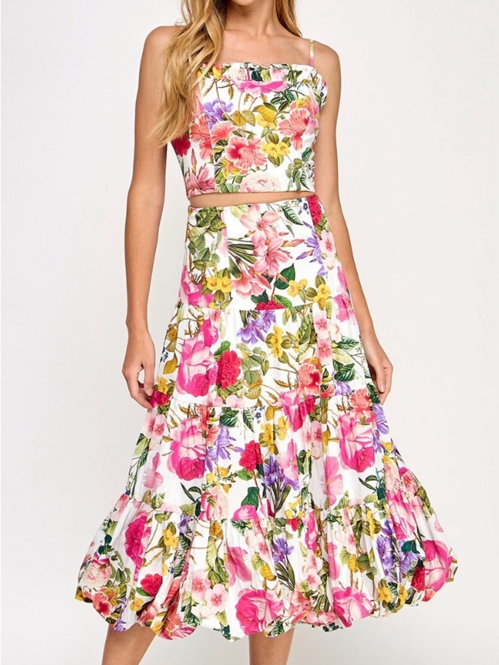 Floral 2-Piece Crop Top & Bubble Midi Skirt Dress Set Katia Rae NWOT SZ L
